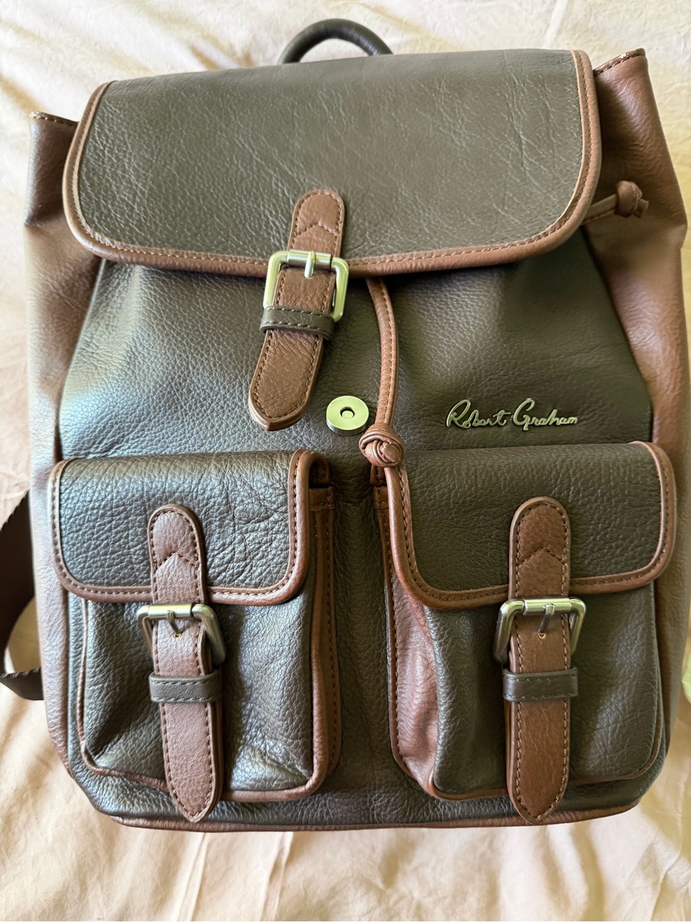 Robert Graham Brown and Tan Leather Buckle-Front Backpack